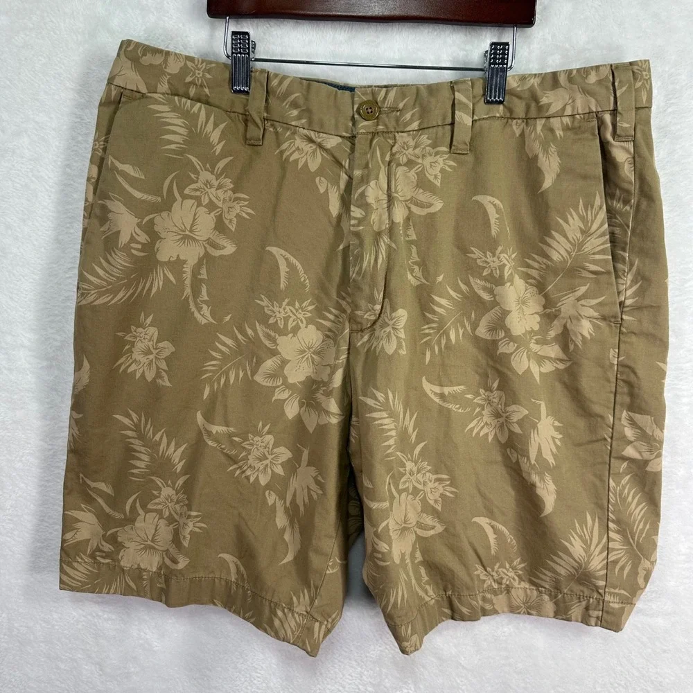 Nautica Shorts‎ Mens 36 Tan Floral Flat Front Chino Tropical Summer Casual
